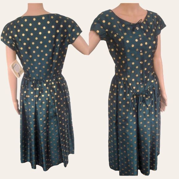 50s Dark Green Gold Polka Dot Dress Vintage Shirley Lee S M 36 28 New Old Stock - Picture 2 of 10
